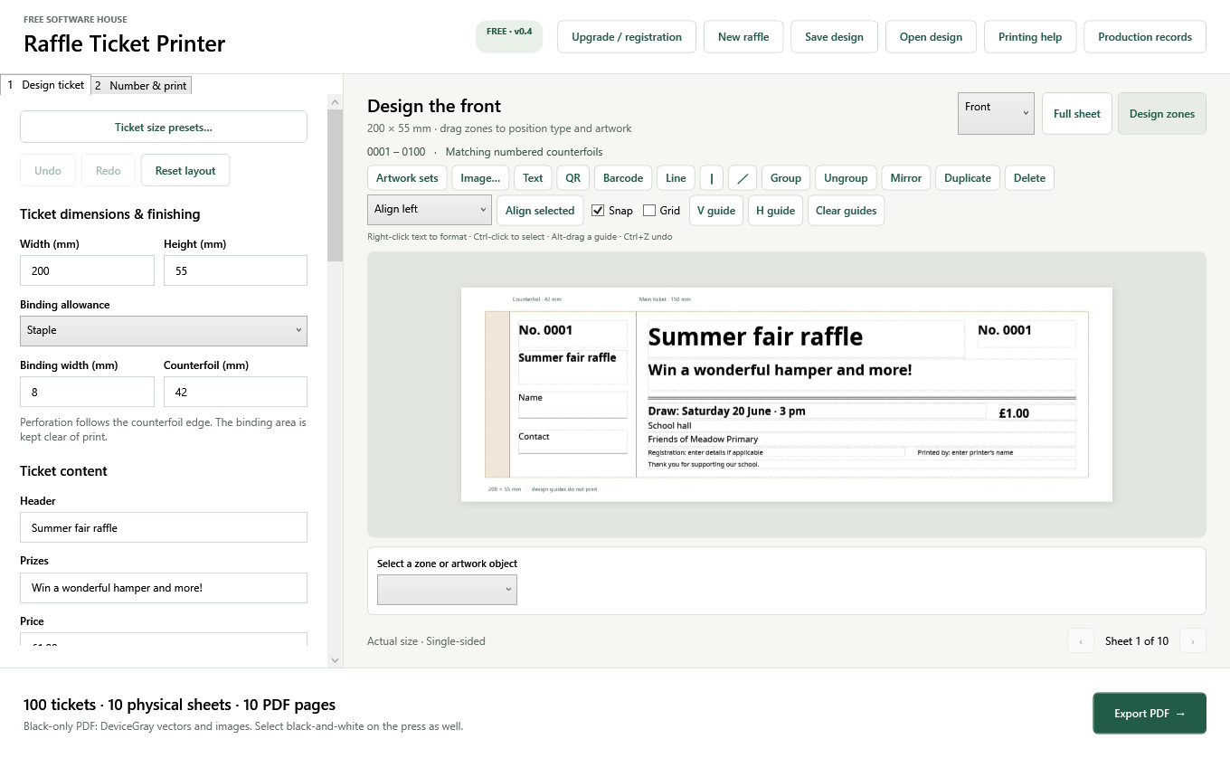 Raffle Ticket Printer preview showing ticket design controls and artwork zones